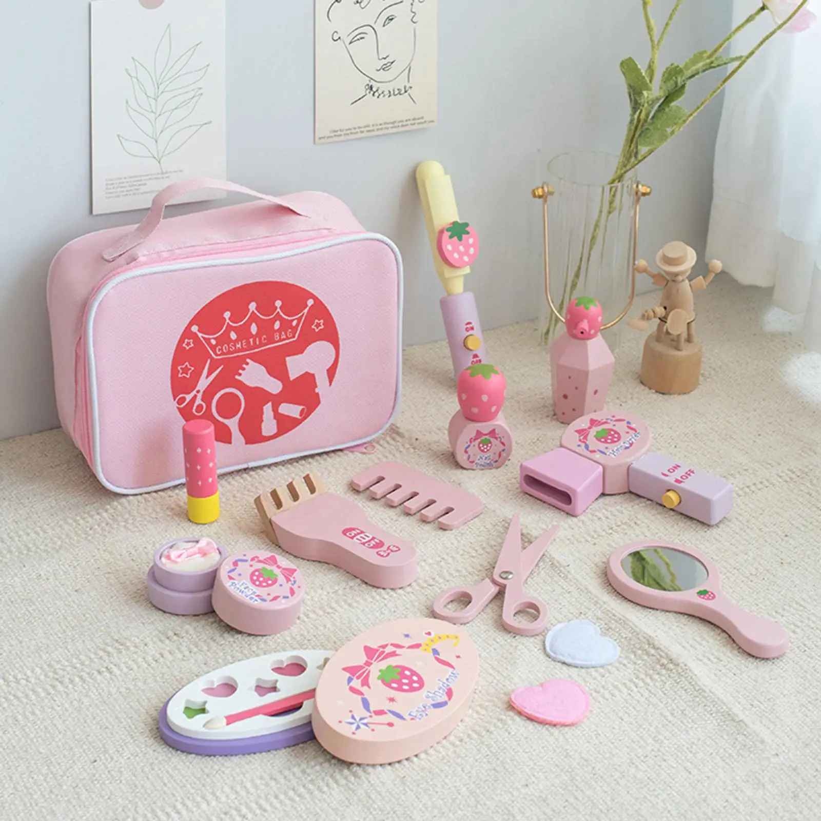 Miniature Pretend Makeup Game Washable Wooden with Cosmetic Bag Simulation Play House Toys Set for Game Role Play Toddler Girls