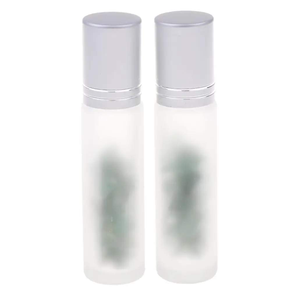 Set of 2 Frosted Glass Bottle Vials For Essential Oil Perfume Aromatherapy, 10ml, with Gemstone Roller Balls, Pretty