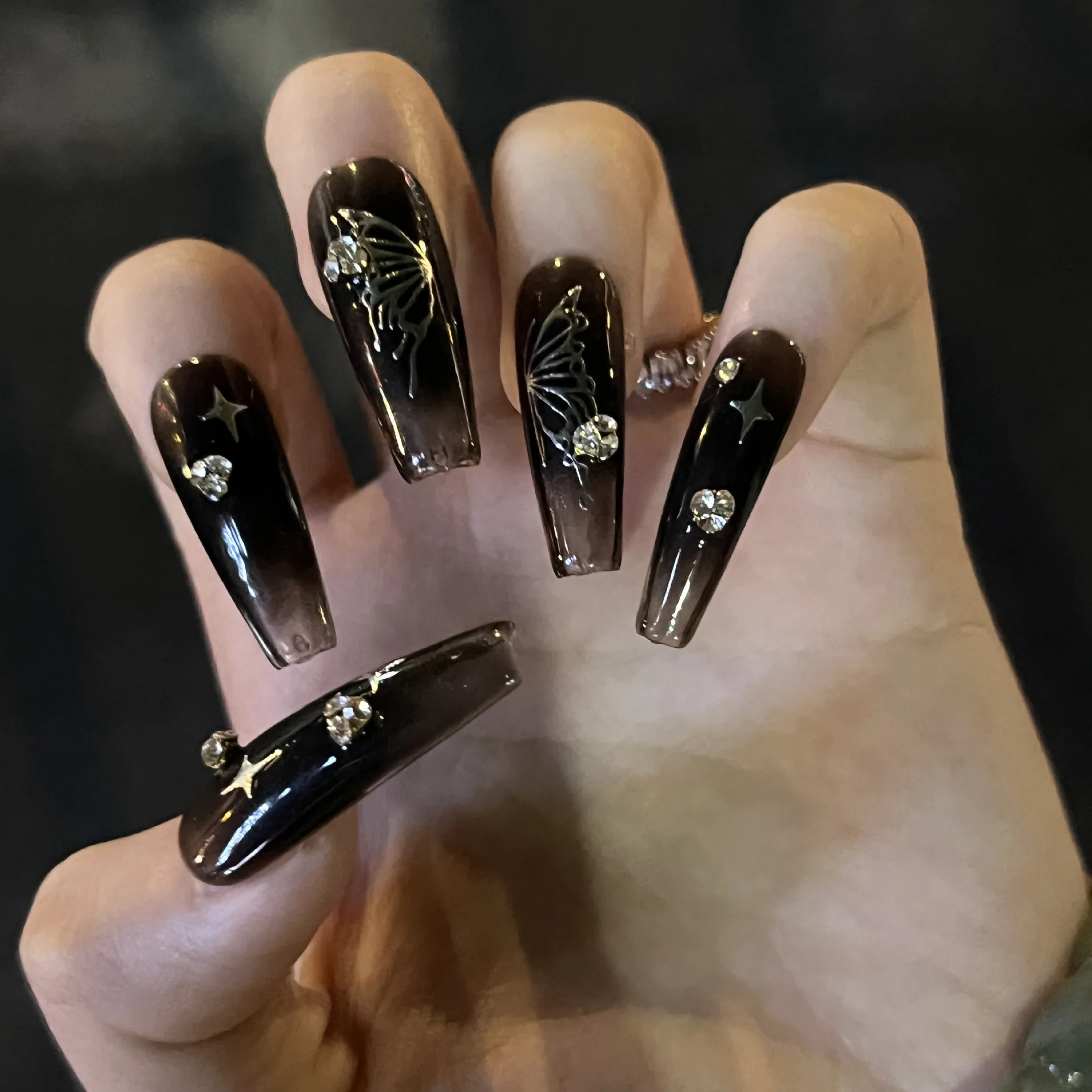 Best of Silver Butterfly Shiny Rhinestone Wearable Translucent Black T-shaped Fake Nails Finished False Nails Press On Nails With Glue Reviews & Tips