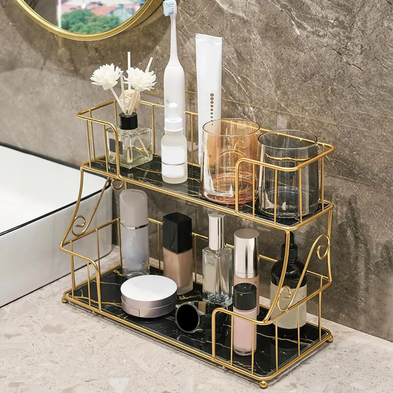 Deluxe Gold Bathroom Vanity Tray Durable Dressing Table Iron 2 Tier Cosmetic Organizer Shelf Cosmetic Storage Holder for Bedroom