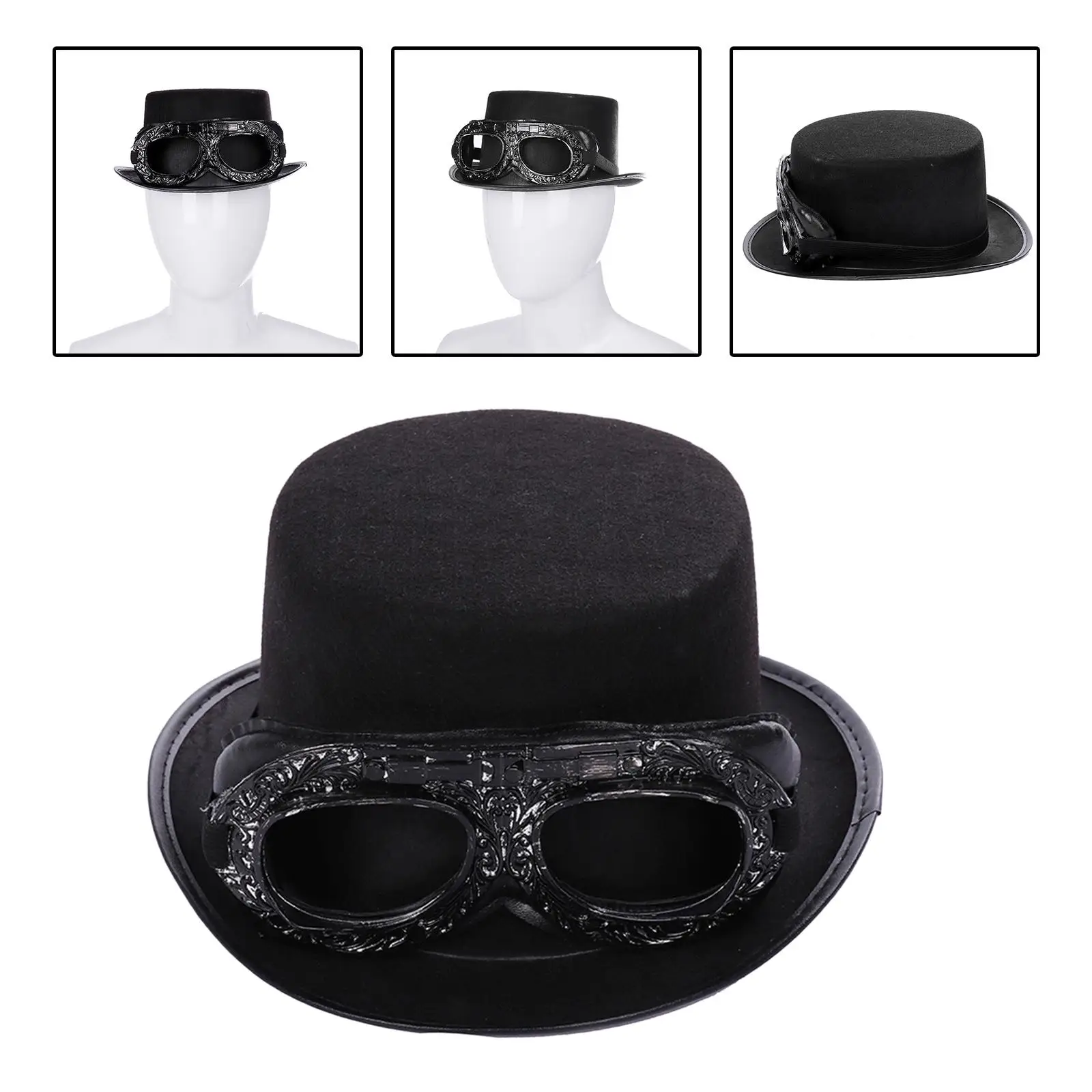 Deluxe Black Steampunk Top Hat with Goggles Costume Top Hat Cosplay Classic Formal Gothic Headgear for Unisex Dress Party