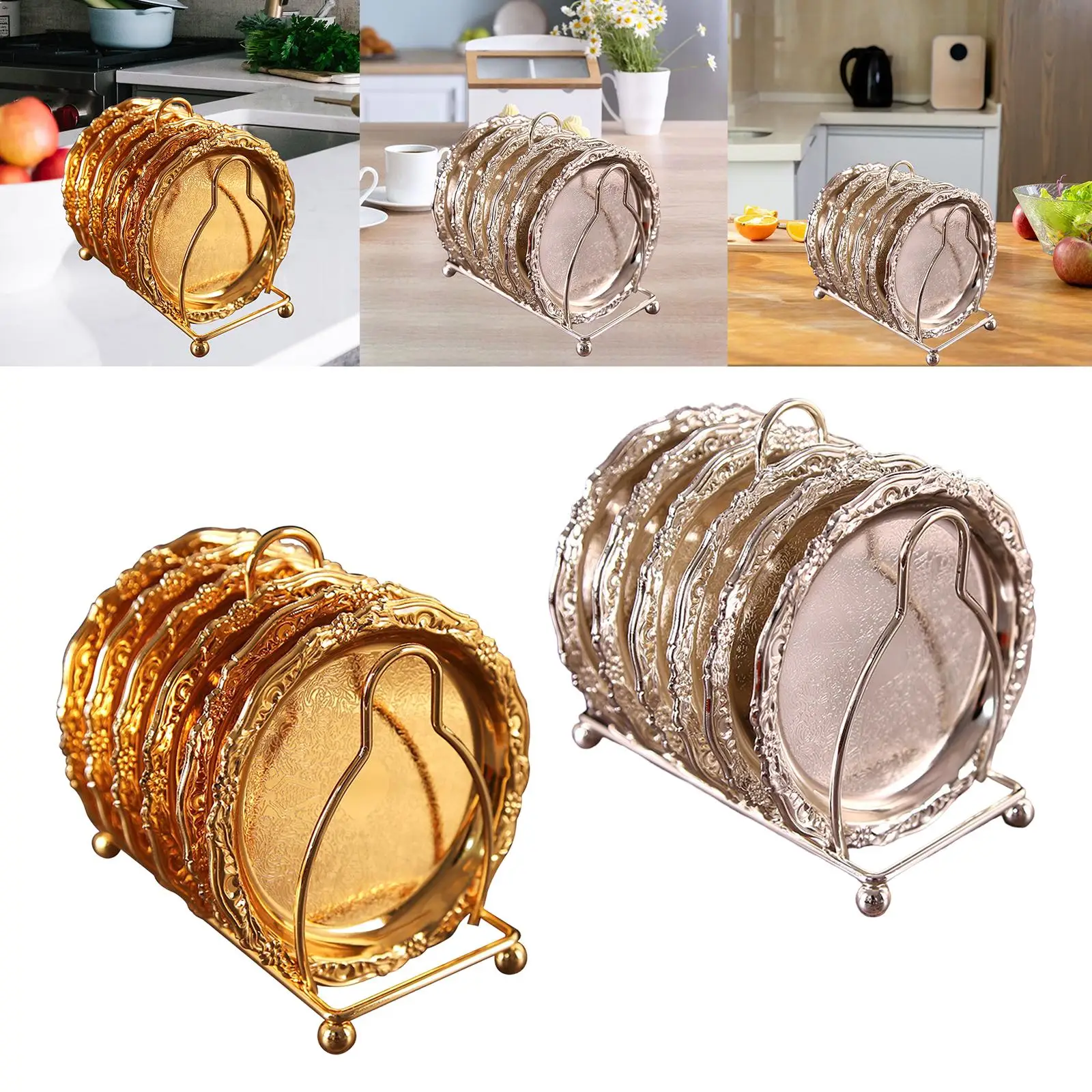 Set of 6 Metal Drink Coasters Fruit Serving Tray with Storage Rack Retro