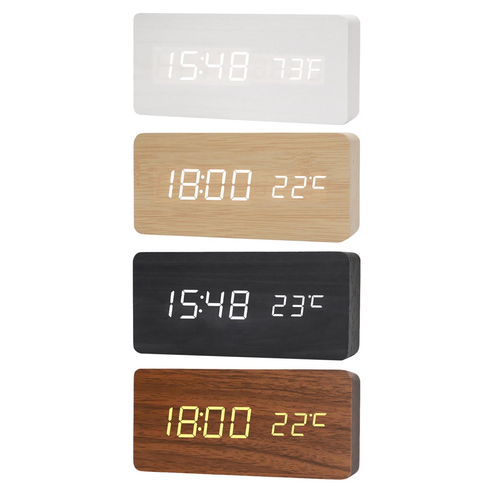 Portable Digital Alarm Clock Temperature Date Display Wood LED Office Decor