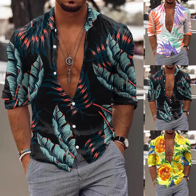 Elneeya Men's Long Sleeve Shirt Beach Style Hawaiian Leaf Printed Loose Oversized Shirt Turn-Down Collar Casual Blouses Chemise, Size: XL, Blue