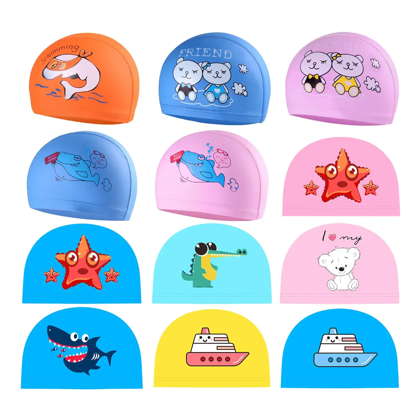 Girls And Boys PU Kids  Hat with Cute Animal Print, Soft Waterproof Durable Children  for Beach/Pool Swimming Lessons Bathing