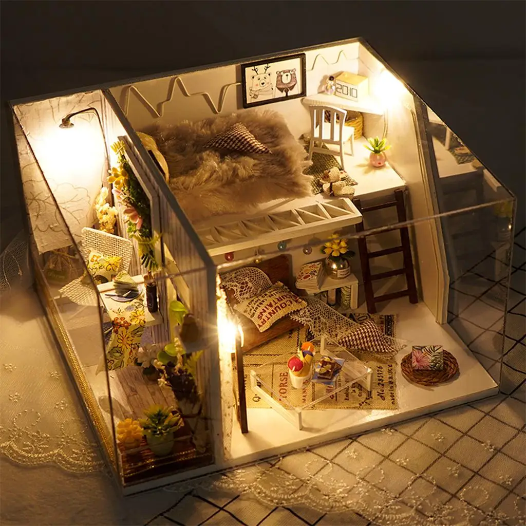 Romantic Wood Dollhouse with Furniture LED  for Girls Birthday