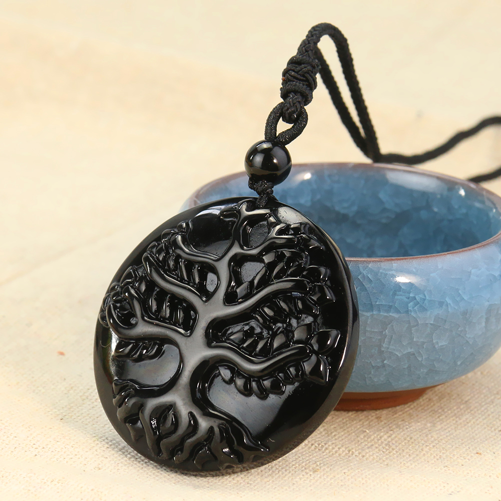 Natürliche Obsidian Laser Carving Baum des Lebens Anhänger Halskette für Männer Frauen Glück Amulett Pullover Kette Meditation Schmuck Geschenke – Detail 3