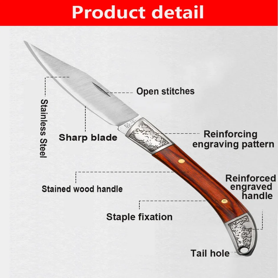 Description Picture 4 of itemStainless Steel Folding Pocket Knife Fruit Knife with Wooden Handle Multifunctional Knives for Easy Carrying Kitchen Knives