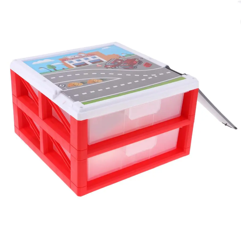 Mini Parking Lot Theme Two-tier Vehicle Storage Box Drawer Red