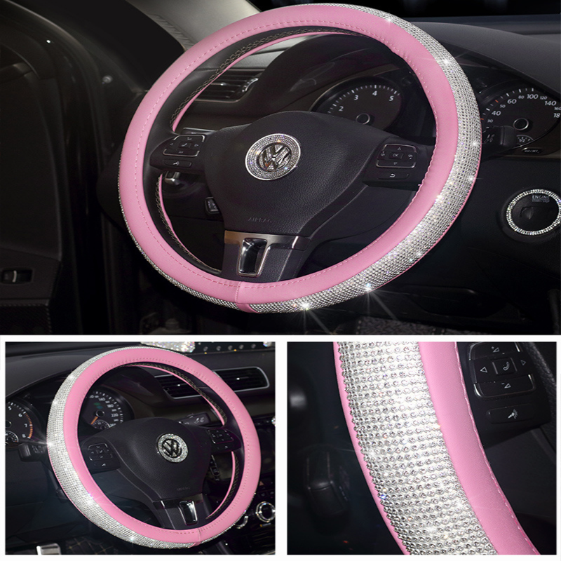 Strass Auto Lenkrad Abdeckung Leder Bling Kristall Diamant Lenkrad Schutz Auto Innen Dekoration Zubehör – Detail 4