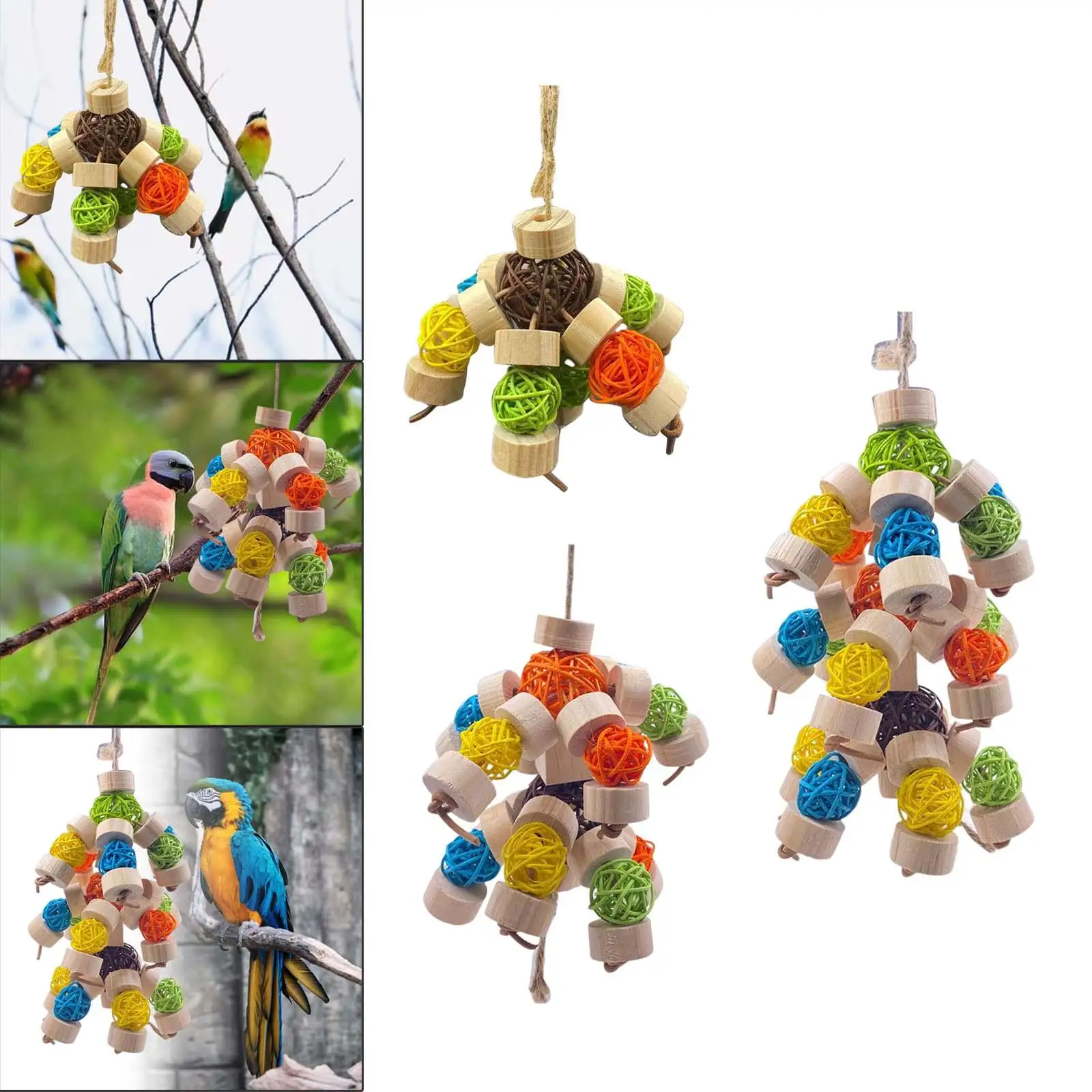 Multicolored Rattan Balls Bird Block Knots Tearing Toy Wood Hanging Natural Parrot Chewing Toy for Canary Gift Entertainment