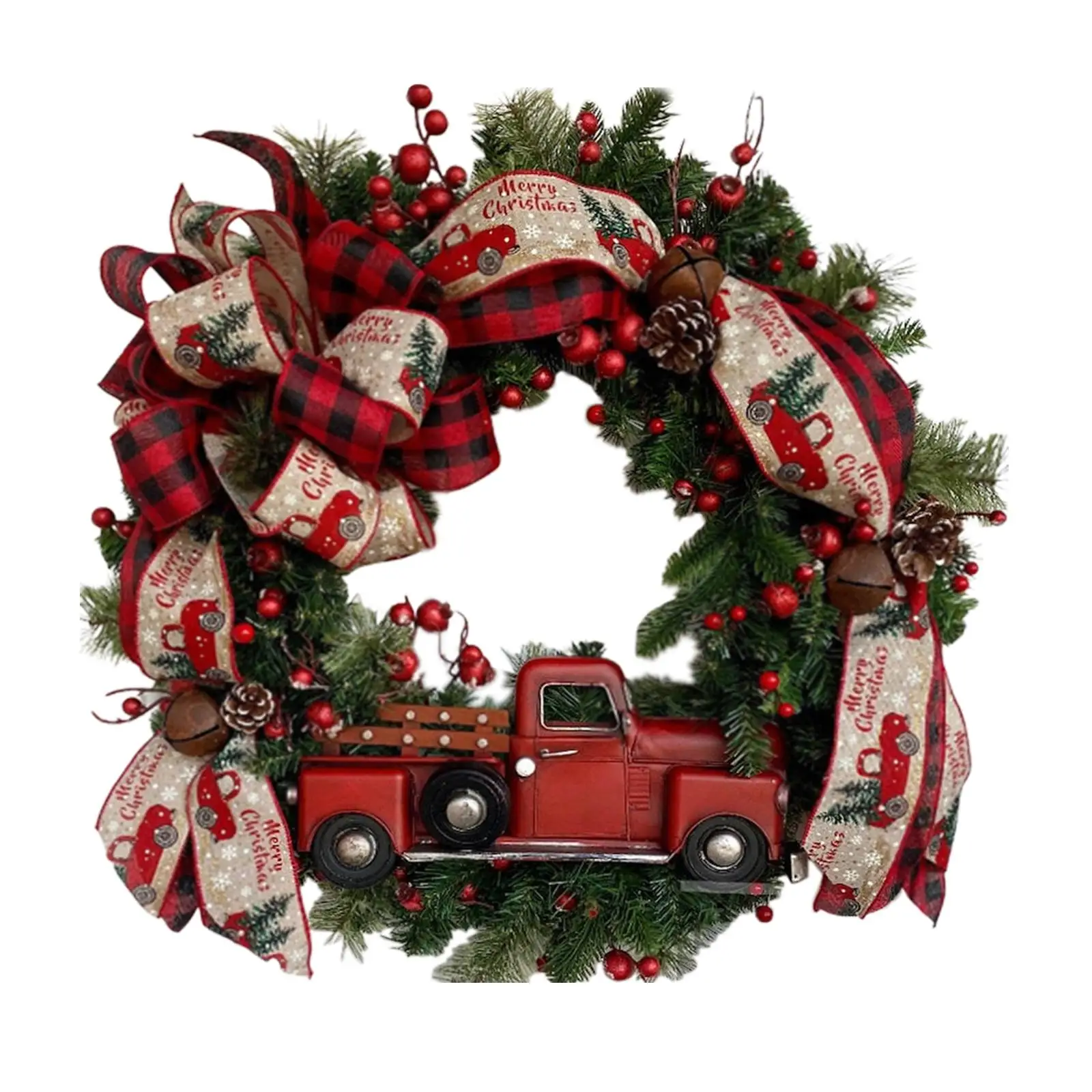 Christmas Wreath Red Car Decor Winter Wreath with Red Berries Decoration Green Leaves Wreath for Outdoor Garden Wall New Year