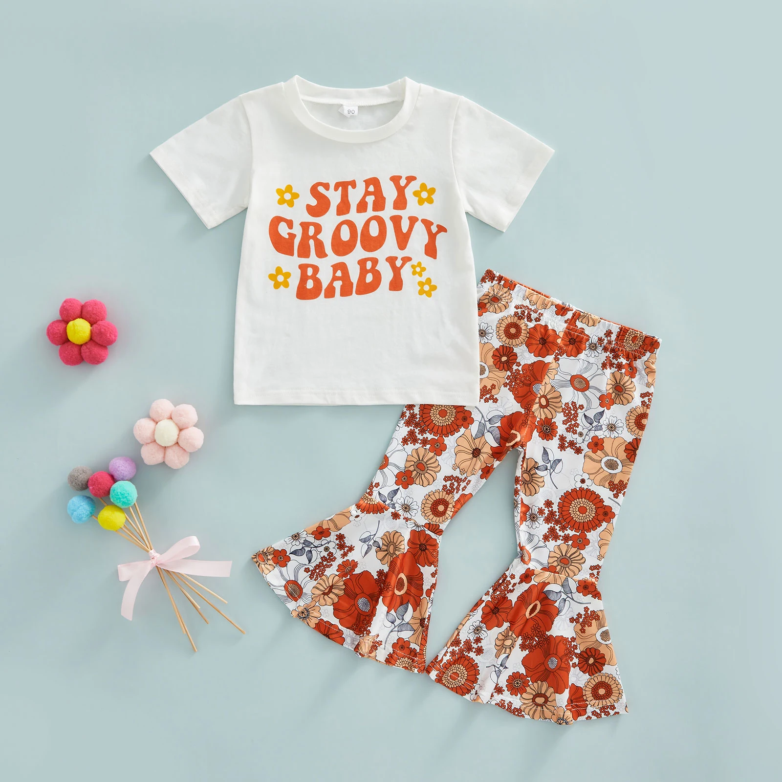 2022 0-6Y Stay Groovy Baby Kids Girl Clothing Letter Print Round Neck Short Sleeve T-shirt+Floral Flare Pants Sweet Summer 2pcs athletic clothing sets	