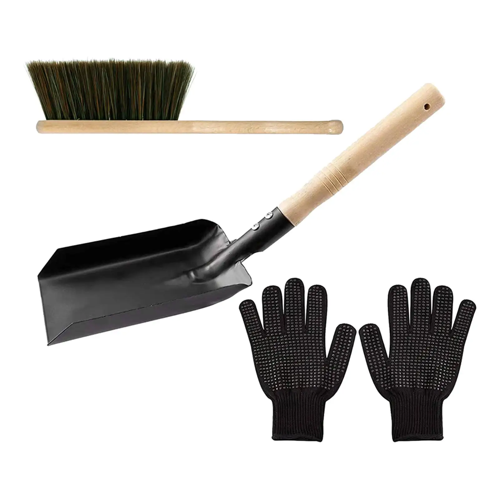 Fire Place Tool Set Shovel and Hearth Brush Set Hearth Tidy Ash Fireside Black Gloves Accessories for Dust Cleaning Indoor