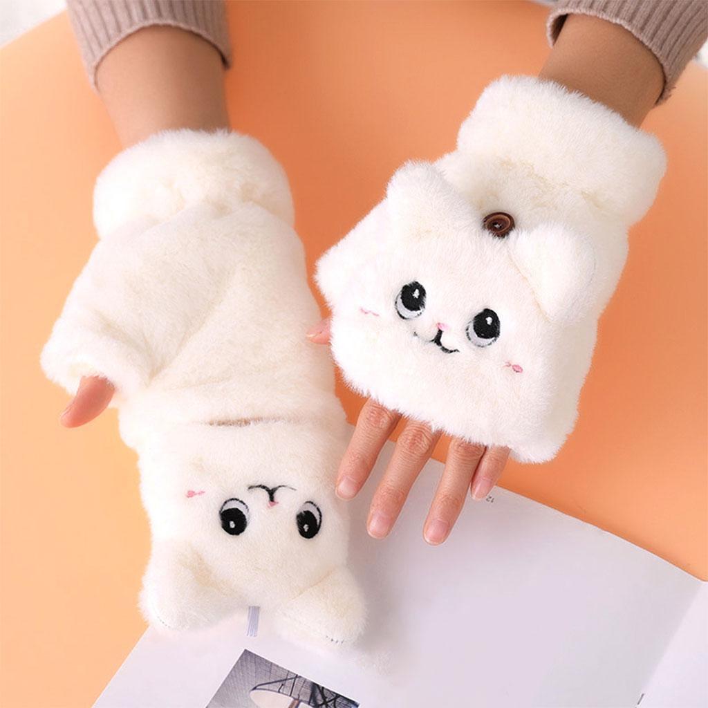 Winter Fingerless Gloves Convertible Faux Fur Warm Half Finger Mittens for Women Girls