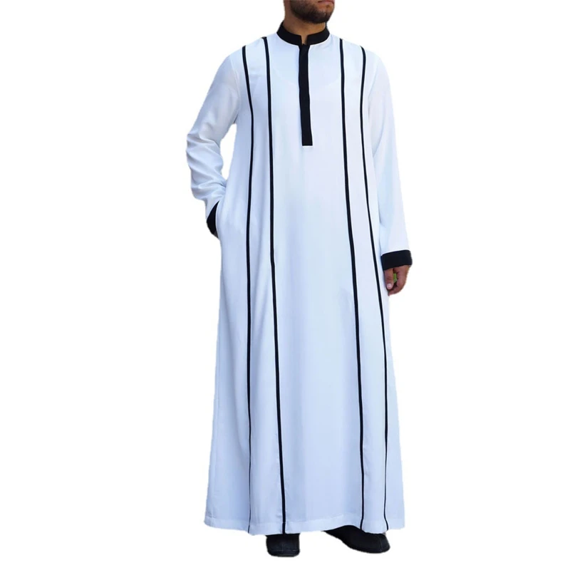 Skin-friendly Muslim Clothing Traditional Eid Middle East Jubba Thobe Men Robe w/ Long Sleeve Crew Neck Leisure Clothing