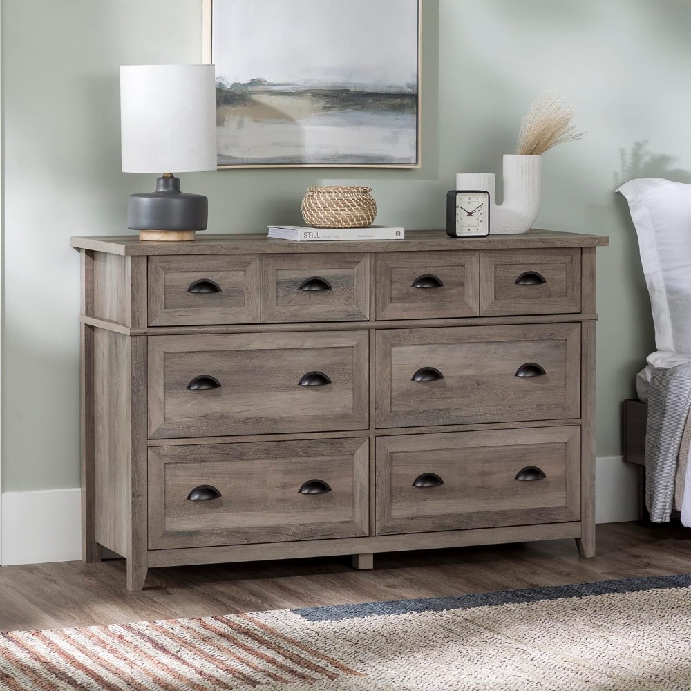 Description Picture 2 of itemDressing Table Grey Wash Make Up Table Hazel Modern Farmhouse 6 Drawer Framed Dresser With Half-Moon Handles 52 Inch Vanity Desk