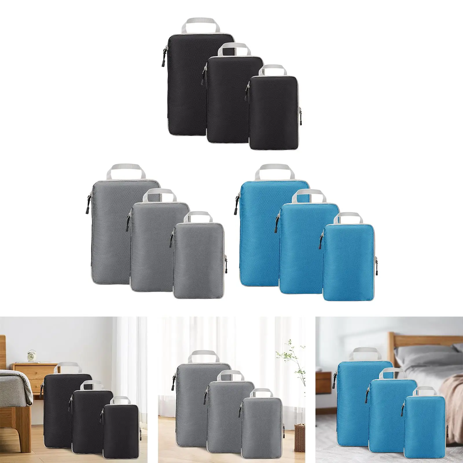 3x Travel Compressible Packing Cubes Men Women Portable Packing Bags Set