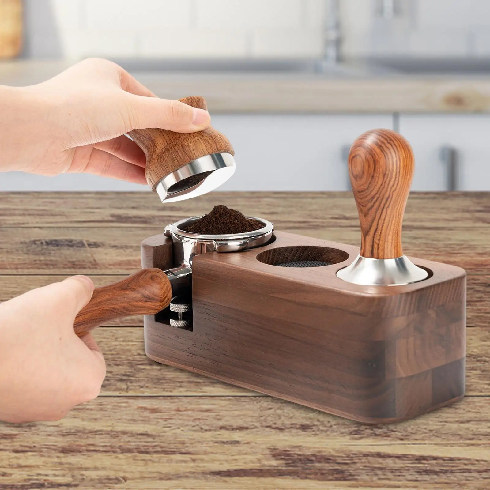 Espresso Tamper Holder Station Anti Slip Counter Organizer Quality Walnut Wood