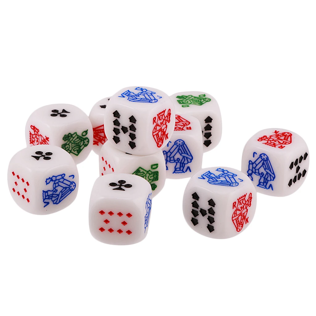 10 Pieces of 12mm/0.47inch Acrylic 6-Sided Poker With Symbols A K Q 9