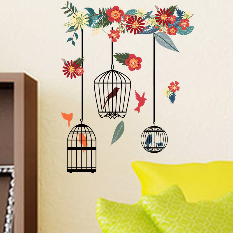 PVC Colorful Flower Birdcage Wall Stickers for Living Room Bedroom ...