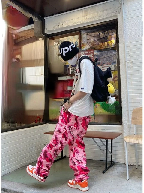 Harajuku Camou Cargo Pants for Women Hip hop Zipper Multi-pocket Pink  Camouflage Micro Flared Pants