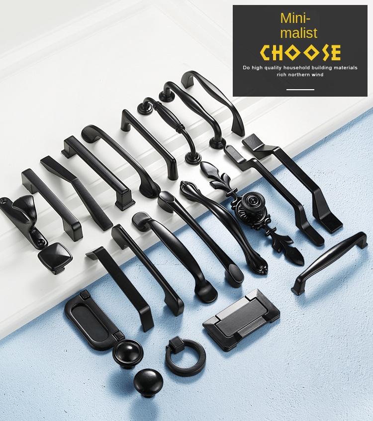 Description Picture 2 of itemSets Simple Style Black Cabinet Handles Solid Aluminum Alloy Kitchen Cupboard Pulls Drawer Knobs Furniture Handle Hardware