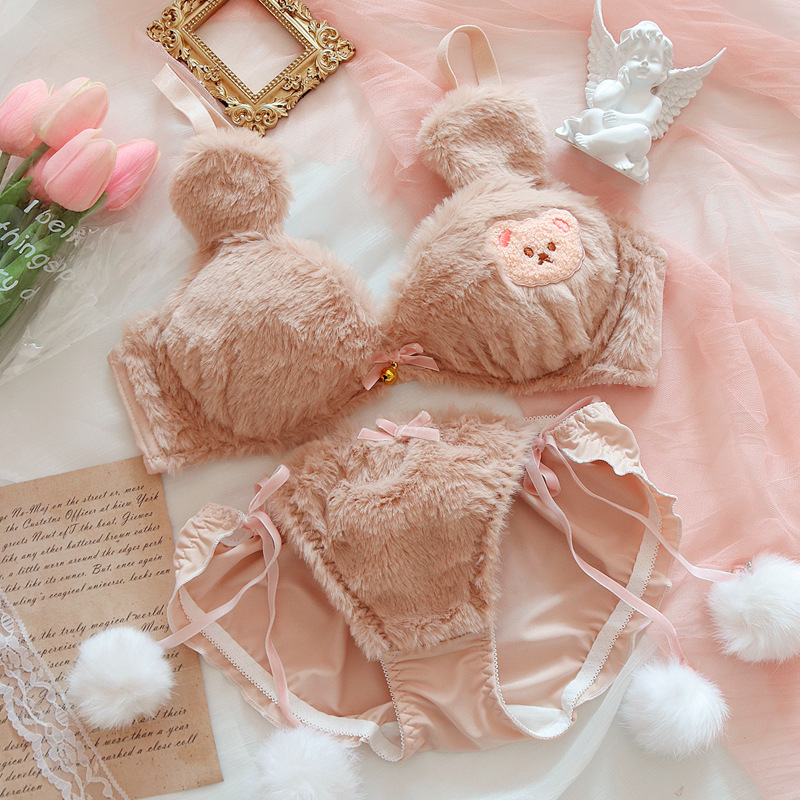 Japanischen Plüsch Unterwäsche Nette Bär Plüsch Drahtlose Lolita Mädchen Bh Winter Warme Sammeln Push Up Bh und Panty Dessous Set bralette – Detail 4