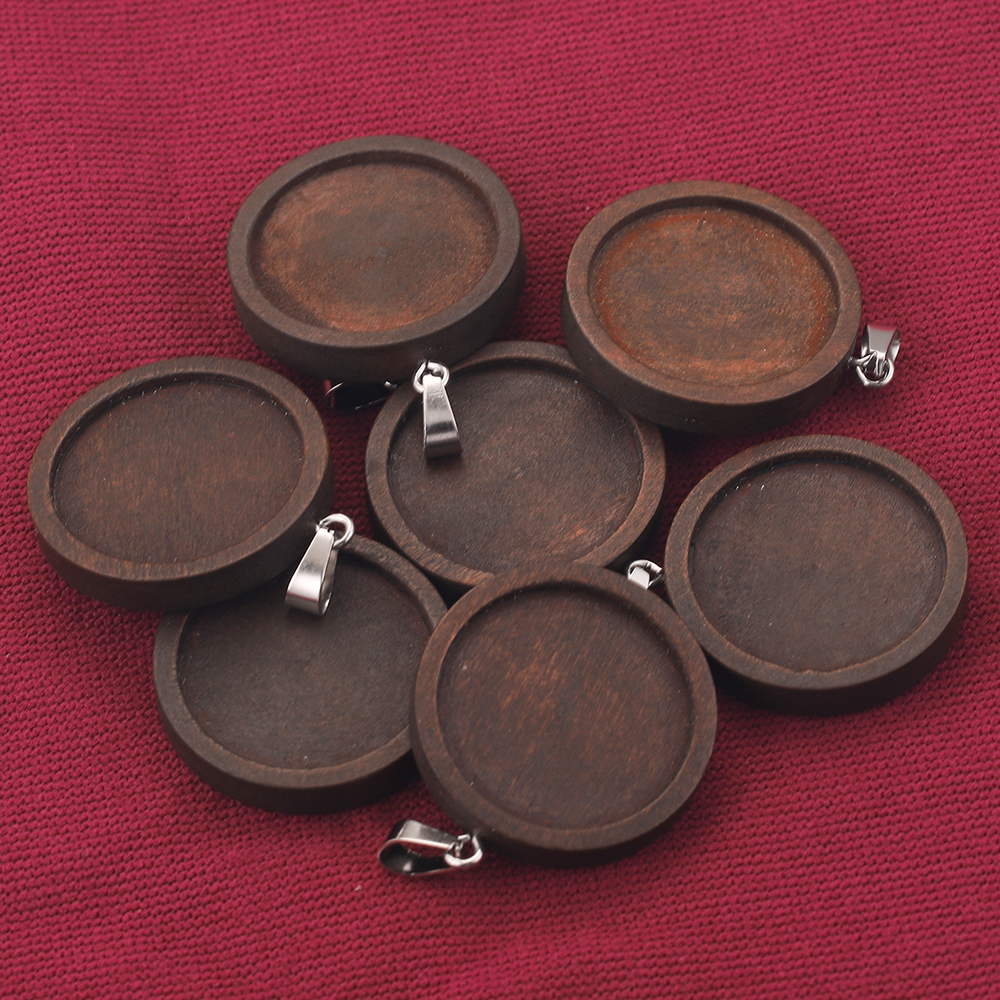 10 Stück 20/25/30 mm braune Holz-Halsketten-Anhänger-Fassung, Cabochon-Cameo-Grundtablett, Lünette, blanko, passend für die Schmuckherstellung – Detail 8