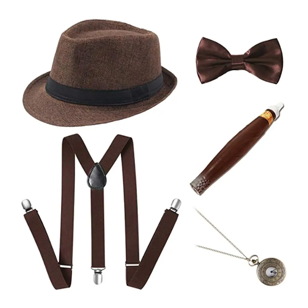 5 in 1 Men Stage Party Costume Performance Fedora Watch Bow Tie Cosplay