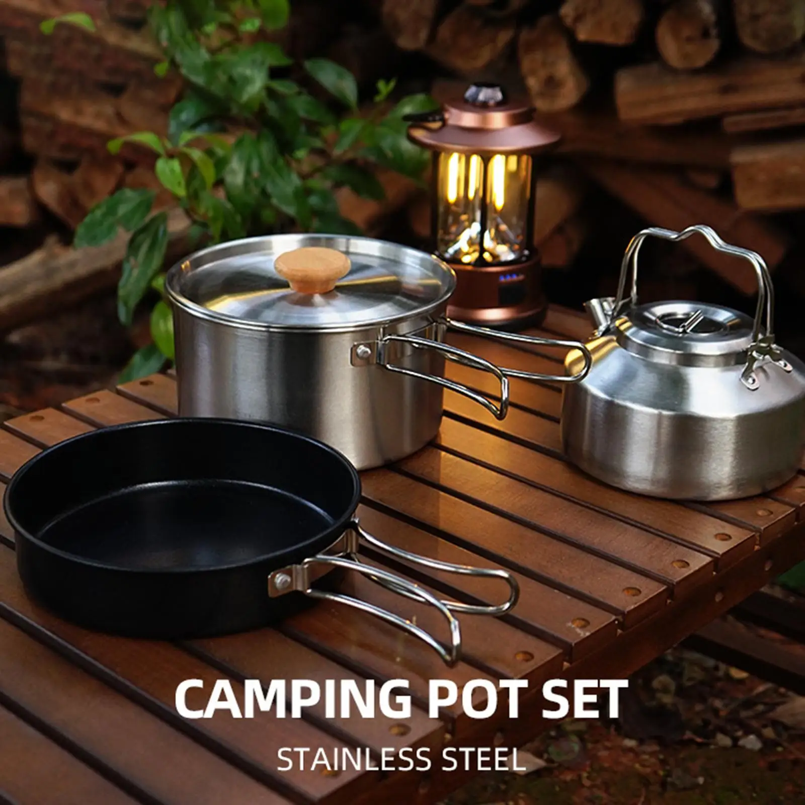 4 in1 Camping Cookware Set Stainless Steel Fry Pan Pot Kettle Cook Set Folding Cooking Set for Outdoor Hiking Picnic Fishing