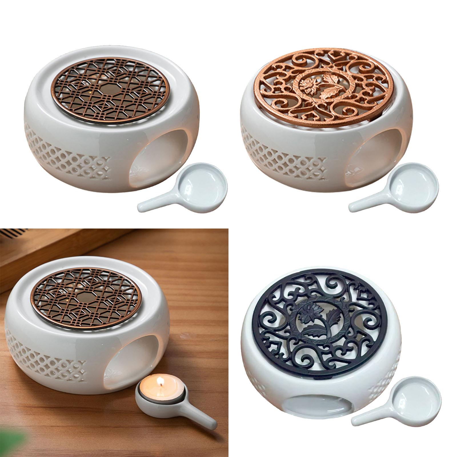 Round Ceramic Teapot Warmer Tealight Furnace with Candle Tray Heater Trivet Dish Cup Heat Pot for Heating Coffee Milk or Tea