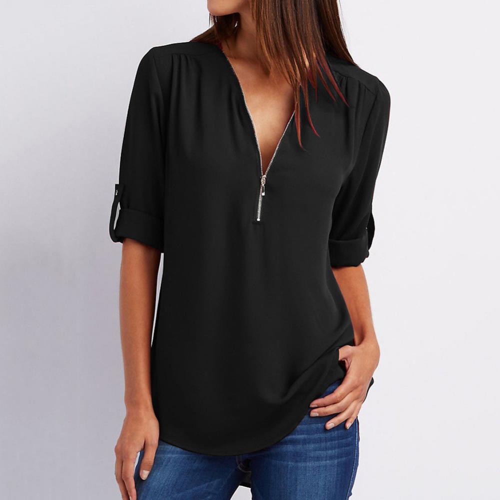 Title 4, Casual Office Lady Blouses Sexy Solid Color Zip...