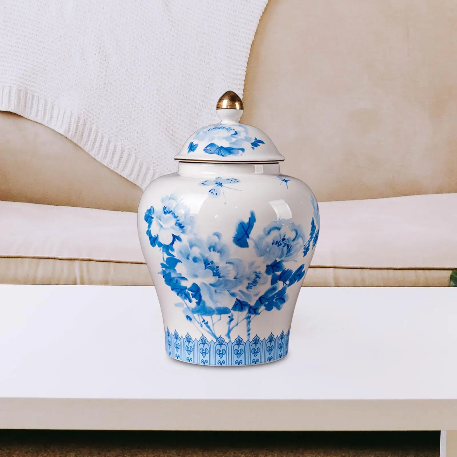 Oriental Ceramic Ginger Jar Porcelain Temple Jar White Tea Tin