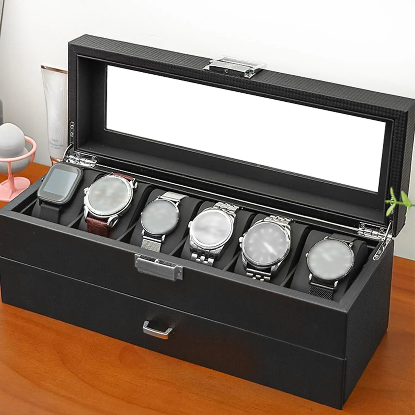 2 Tier Watch Box wGlass Lid Metal Hinge Lockable 6 Slot Organizer PU Leather