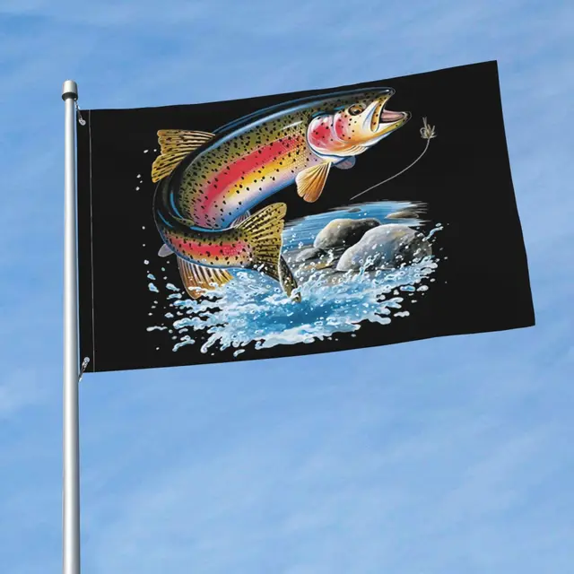 Spanduk Bendera Memancing Ikan Trout Pelangi Dicetak Grafis