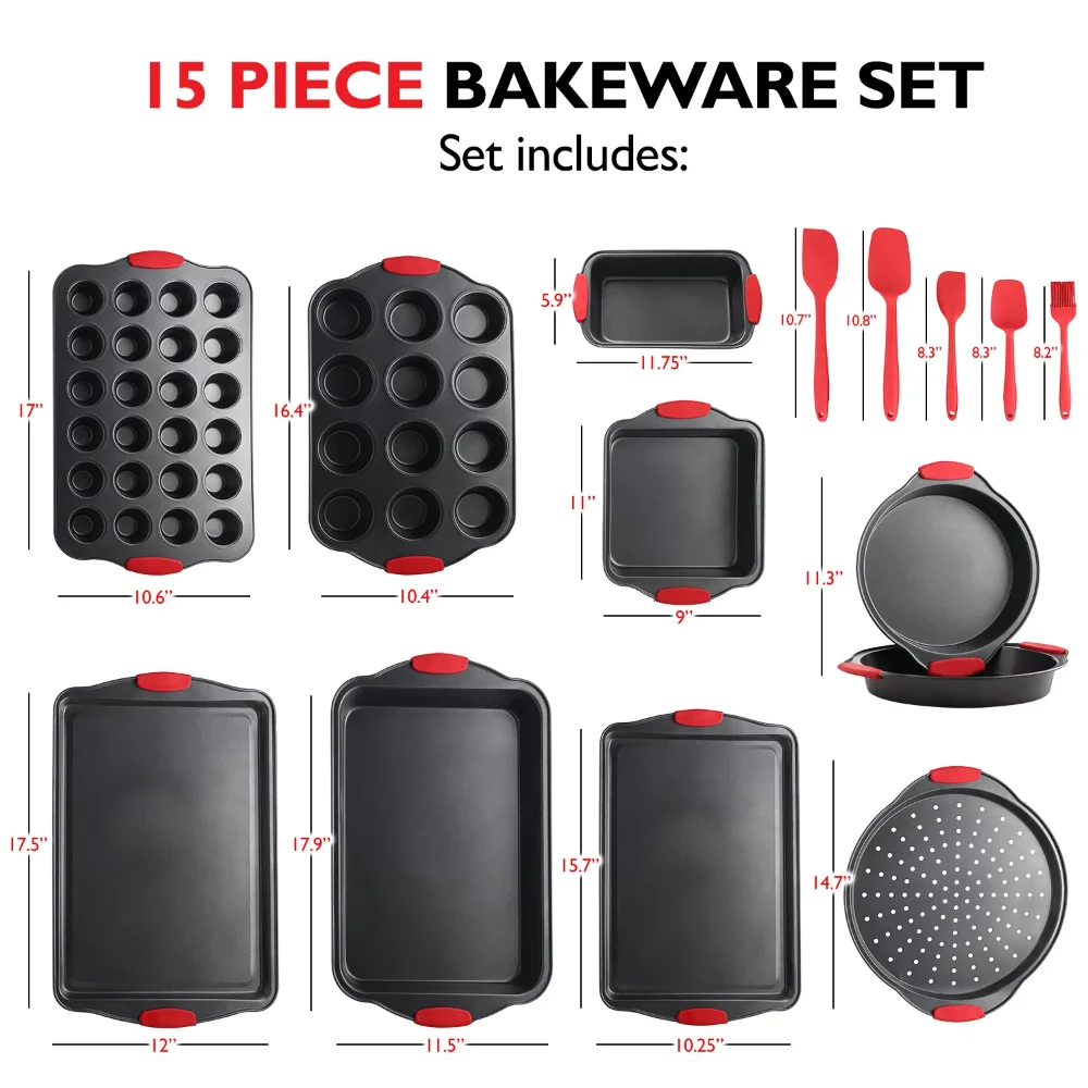 Nonstick Carbon Steel Bakeware Set - 15-Piece Baking Tray Set with Silicone Handles - Oven Safe Cookie Sheets, Baking Pans