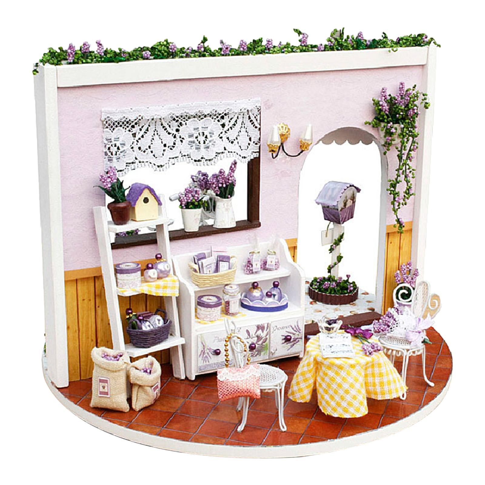Miniature Wood Doll House with Furniture Plants Ornament Kits LED Light Sky Garden Lavender Story Model Puzzle Building Kit
