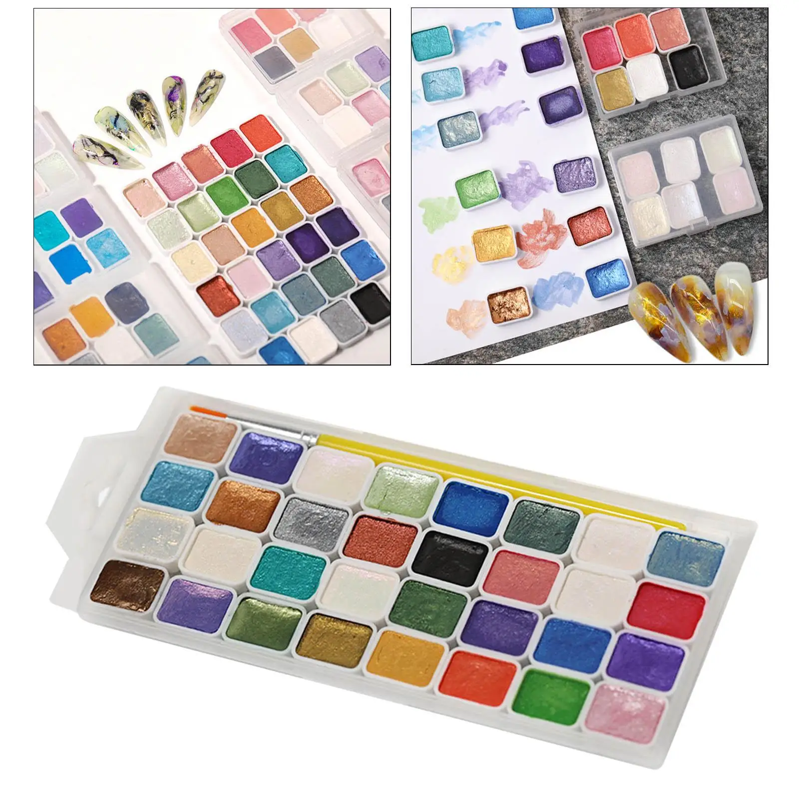 Glitter 32 Colors Solid Watercolor Paints Set Pearlescent DIY Nail Art Metallic Gouache Paint Set for Students Hobbyists