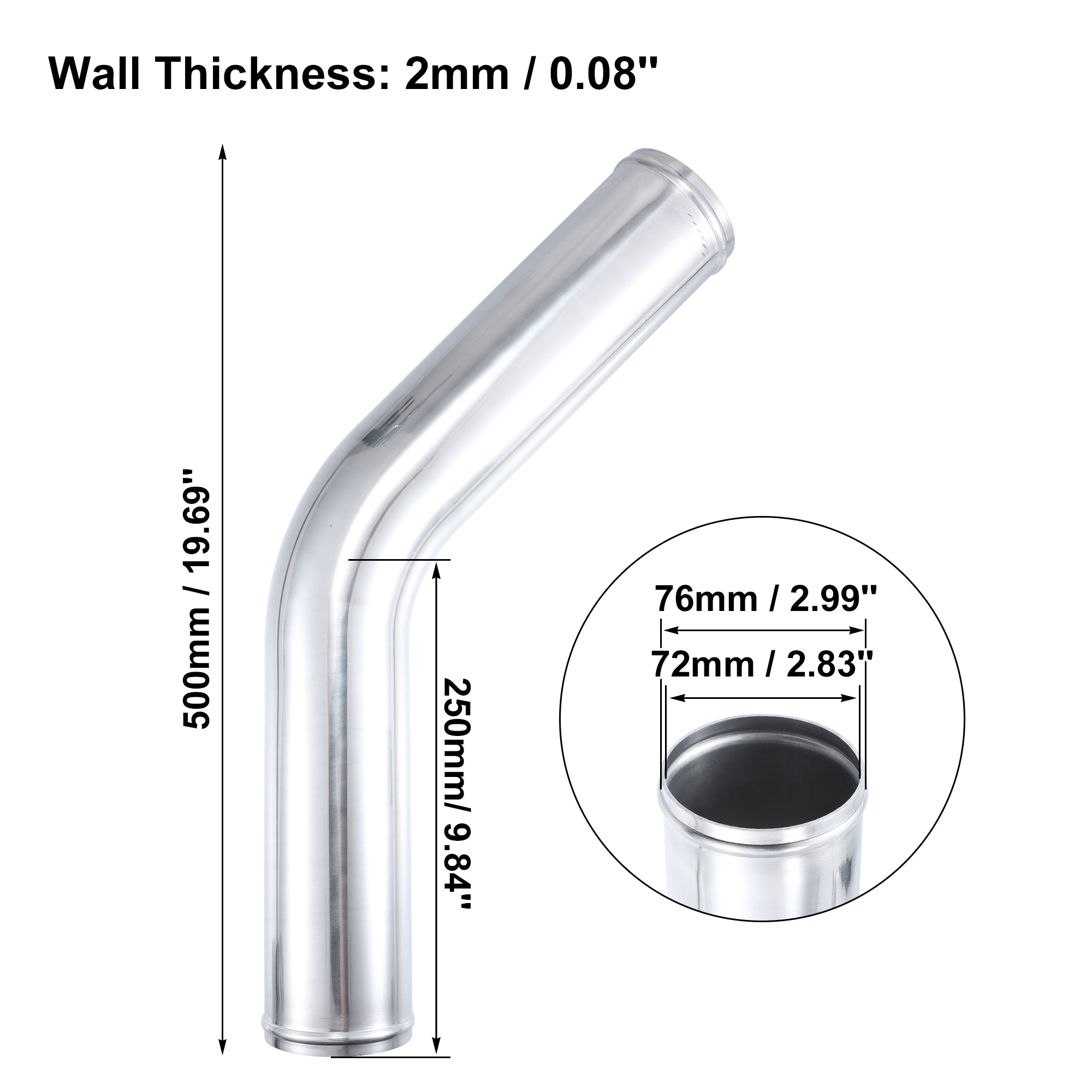 UXCELL 45-Grad-Ladeluftkühlerrohr, 63 mm, 70 mm, 76 mm Außendurchmesser, 300 mm, 500 mm langes Aluminiumlegierungsrohr, Ladeluftkühlerrohr, Lufteinlassrohr – Detail 4