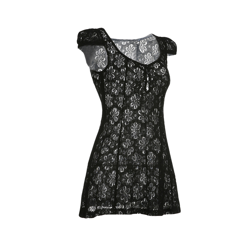 y2k Going Out Mini Lace Dress Summer Women See Through Short Sleeve V Neck Hollow Out Button Down A Line Dress Clubwear