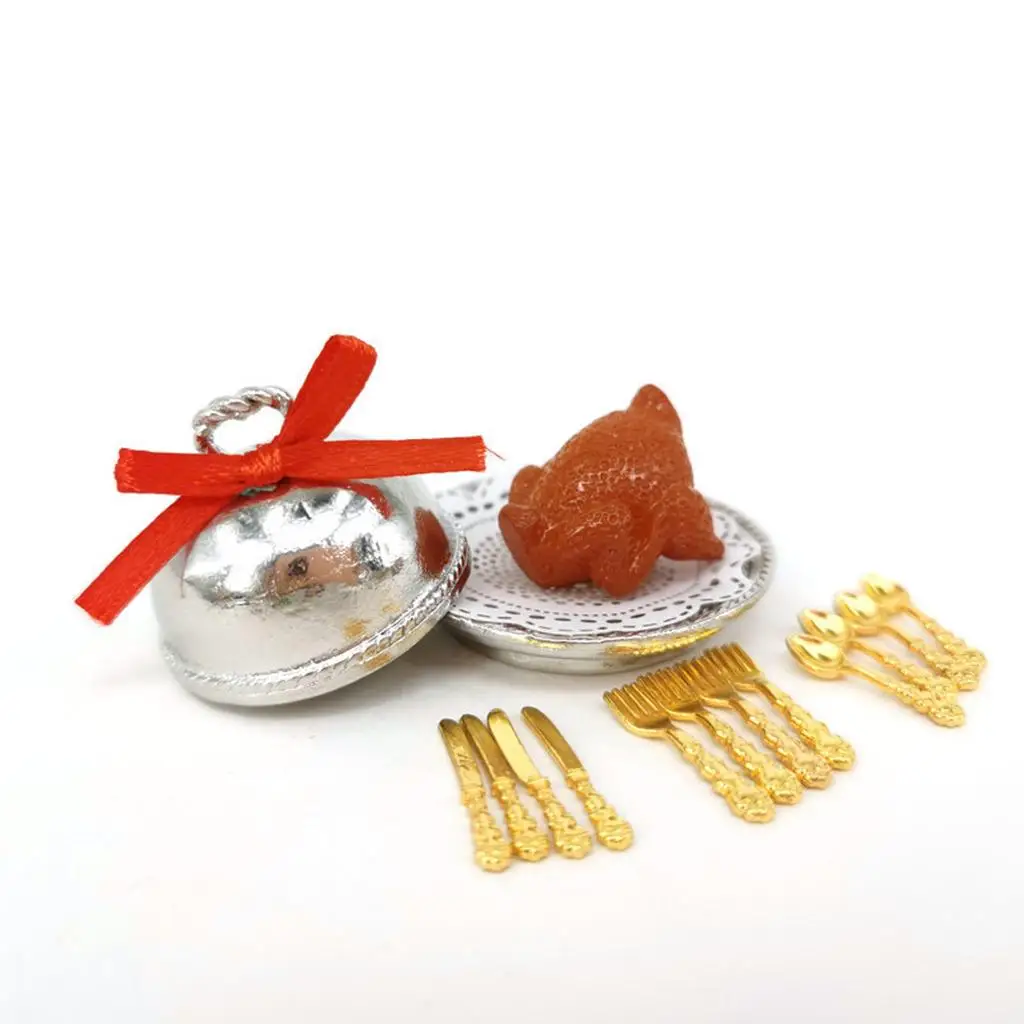 1/1 Miniature Dollhouse Christmas Turkey with Tray  Set Dollhouse Decoration Toy Display Props Model