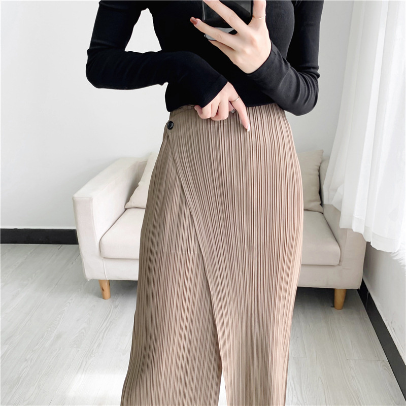 ALSEY Miyake Pleated Wide Leg Ankle-length Pants for Women Autumn New Simple Elastic Waist Solid Color Straight Female Trsouser