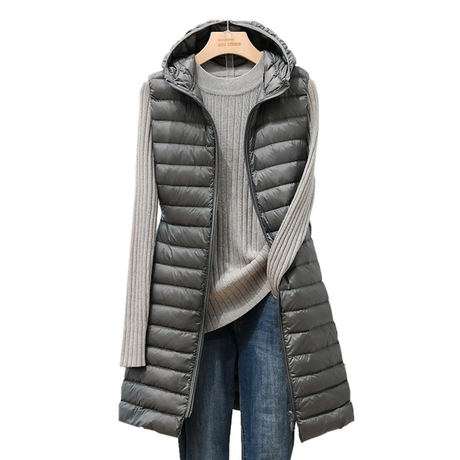 Women's Long Winter Coat Vest With Hood Sleeveless Warm Down Coat With Pockets Quilted Vest Down Jacket Outdoor Jacket Hot Sales
