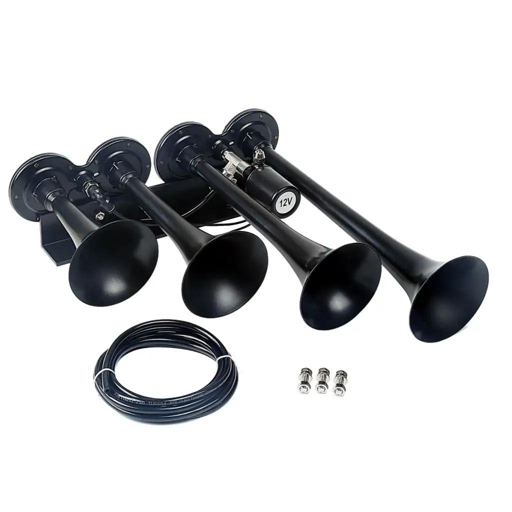 Loud 150DB 4/Four Trumpet Train Air Horn for Car Vehicle Truck Motorcycle Lorry Boat SUV Train - Black AS097AB