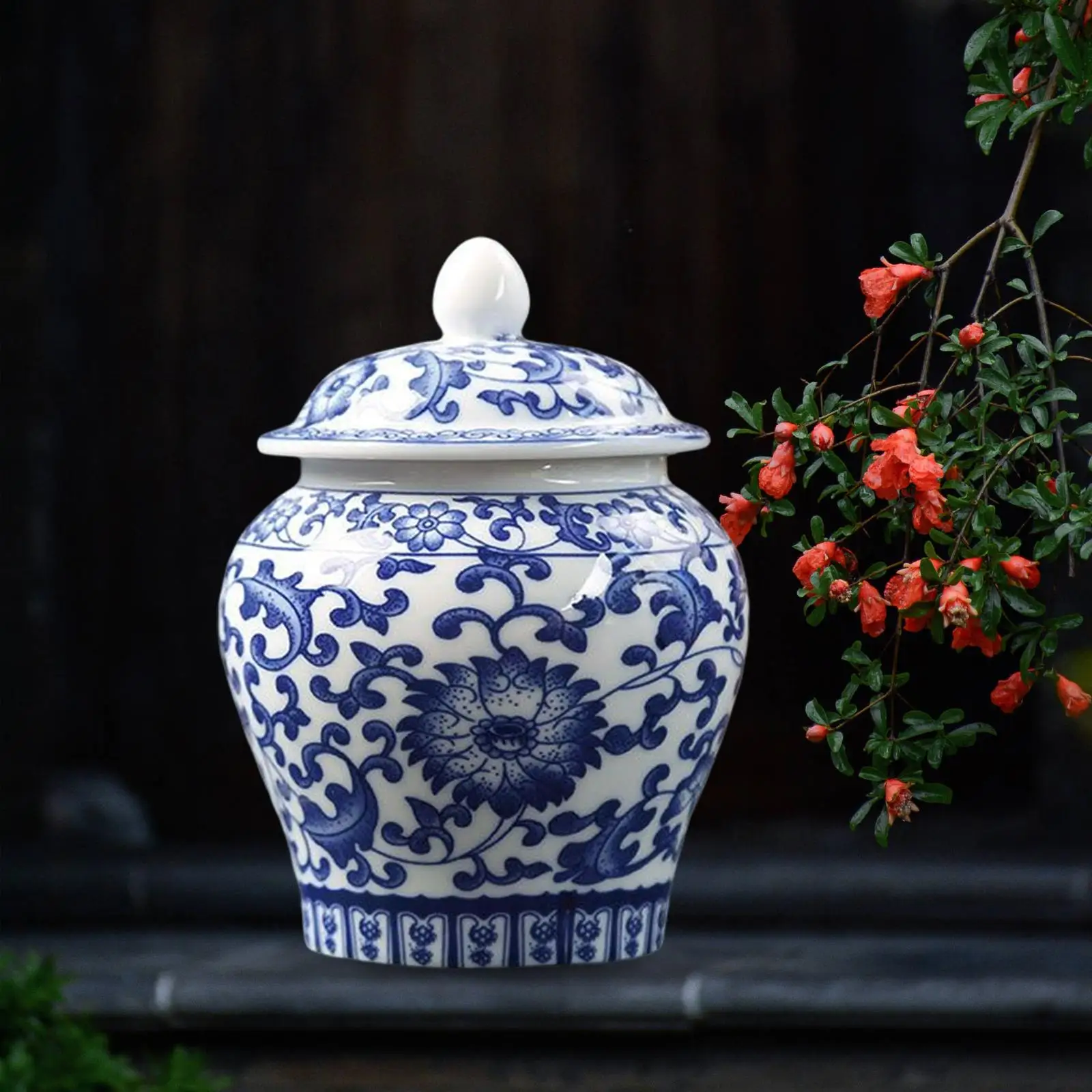 Blue and White Porcelain Temple Jar Vase with Lid Fine Workmanship