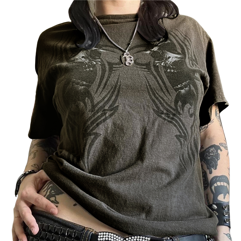 Ootddress Cyber y2k Shirt 2000s Women Skull Print O Neck Short Sleeve Tops Aesthetic E Girl Clothes Mall Goth Clothing Streetwear