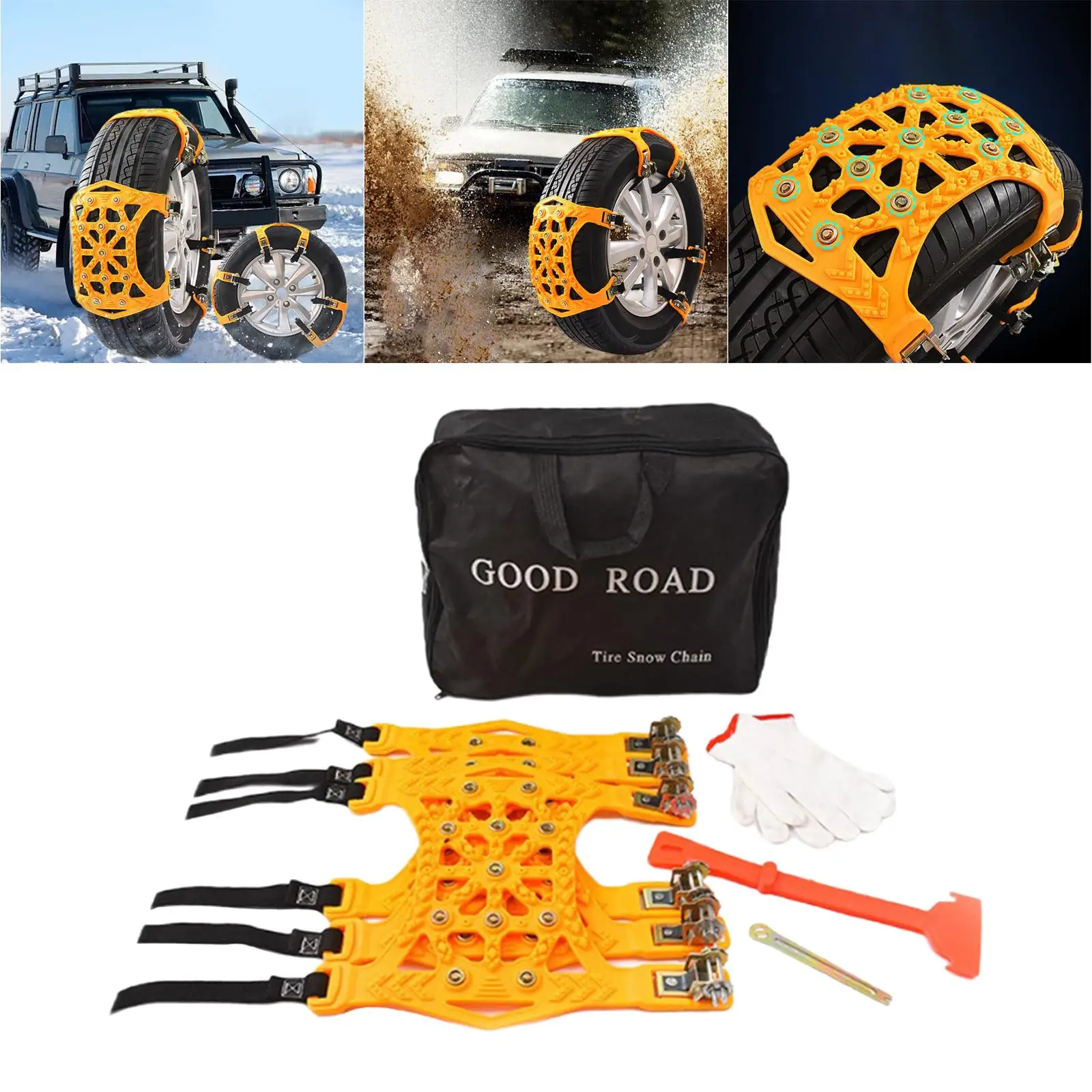 Set of 3Pcs Snow Chains Applicable  Width 165-265mm for Wheel 