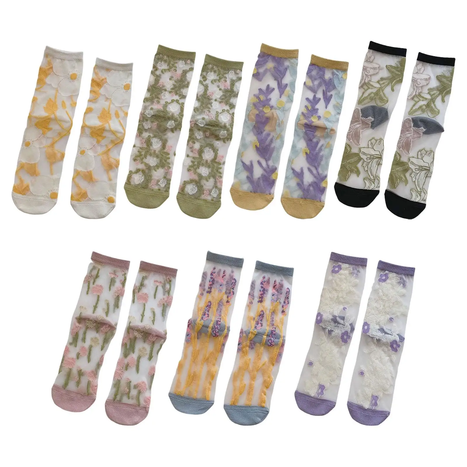 Women Sheer Socks Thin Female Stretch Floral Mesh Lace with Pattern Crystal Glass Silk Socks for Ladies Girls Wedding Parties