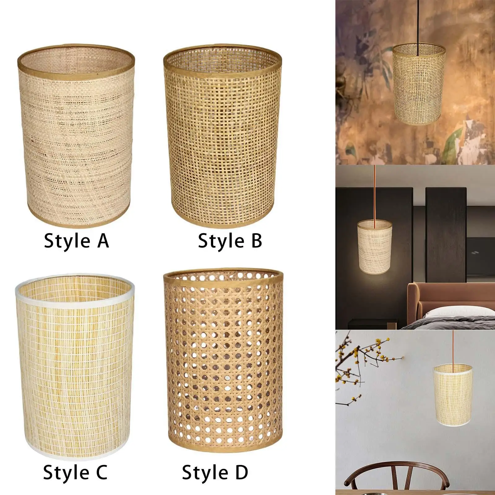 Rustic Woven Rattan Lamp Shade Pendant Light Cover Lantern Decorative Chandelier Lampshade for Bedroom Home Kitchen Decoration
